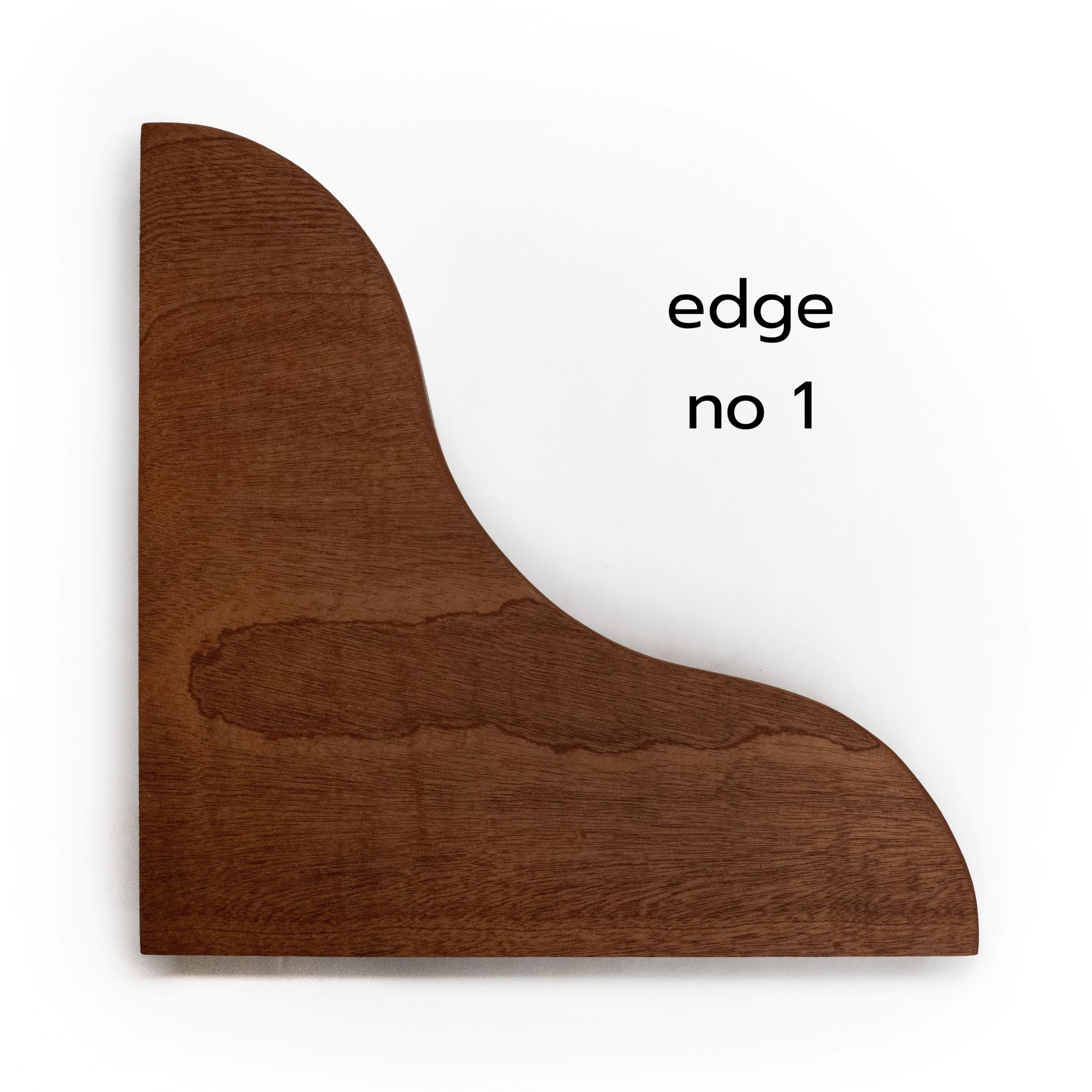 A curved brown wood trim piece with visible wood grain on a white background, labeled 'edge no 1' in black text.